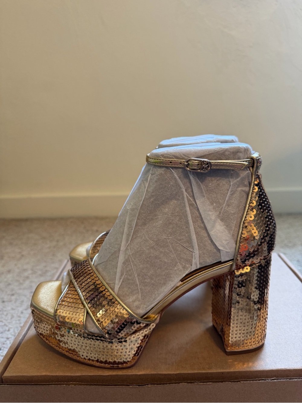 Sam Edelman Gold Sequin Platform Block Heel Sandals